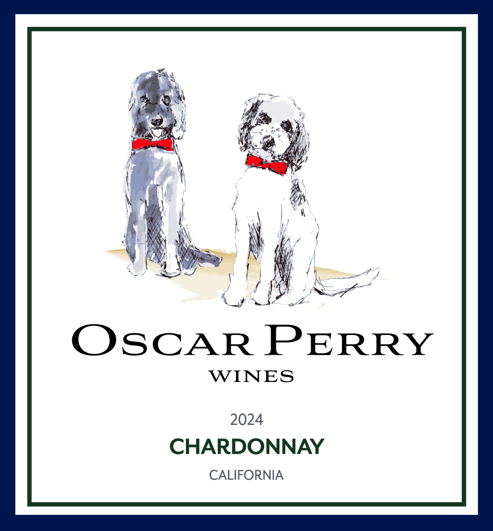 Wine label with white background, and two dogs upfront with red collars. With Oscar Perry Chardonnay as the title.