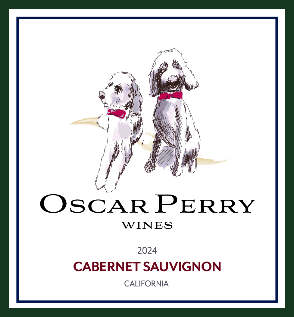 Wine label with white background, and two dogs upfront with red collars. With Oscar Perry Cabernet Sauvignon as the title.